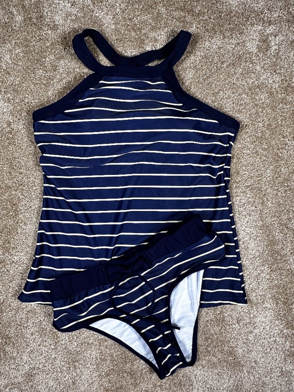 Navy & White Striped Tankini Swimsuit Set | Halter Neck | Size Medium